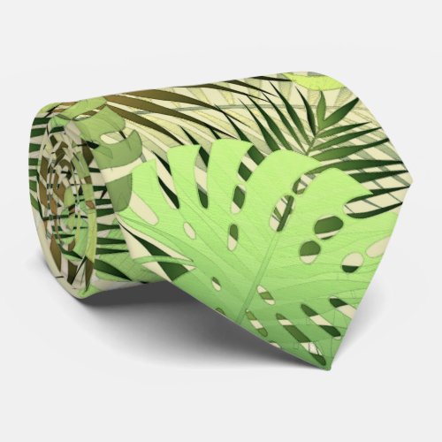 Green and gold palm tropical leaves neck tie