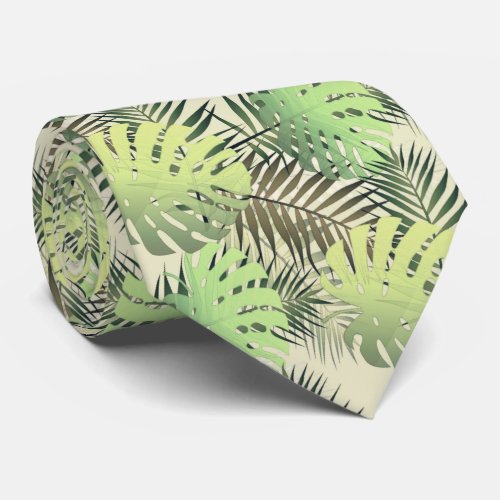 Green and gold palm tropical leaves neck tie