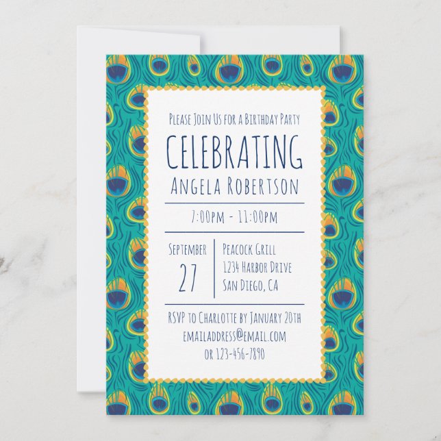 Green and Gold Peacock Birthday Invitation (Front)