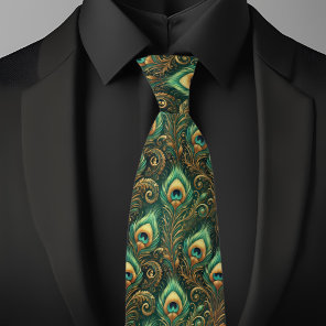 Green and Gold Peacock Feather Necktie