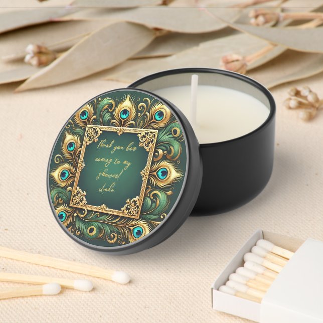 Green and Gold Peacock Frame Customizable  Mini Candle Favors (Insitu)