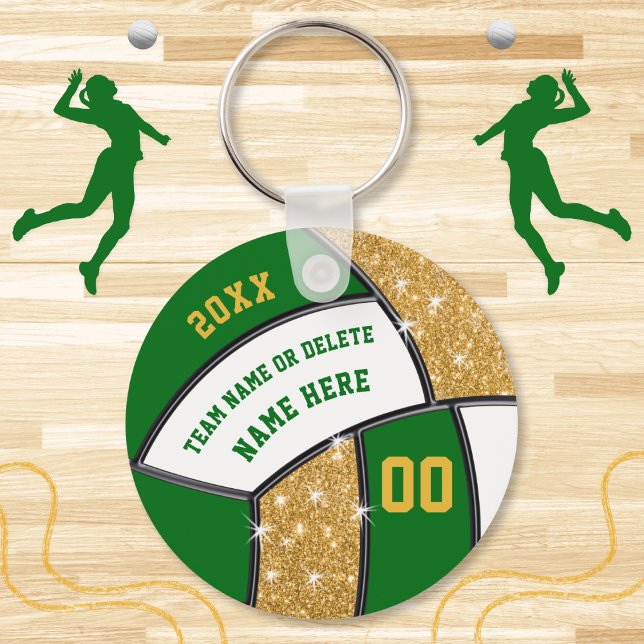 Green and Gold Personalize Volleyball Party Favor Keychain (Personalized Volleyball Souvenirs. Cheap volleyball gifts. Green and Gold, volleyball party favors.)