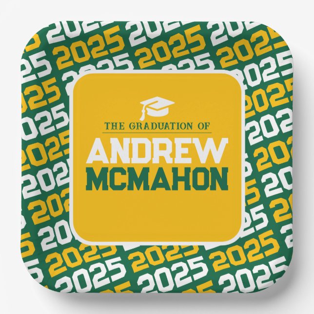 Green and Gold Personalized Graduation Paper Plates (Front)