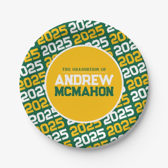 Green and Gold Personalized Graduation Paper Plates (Front)