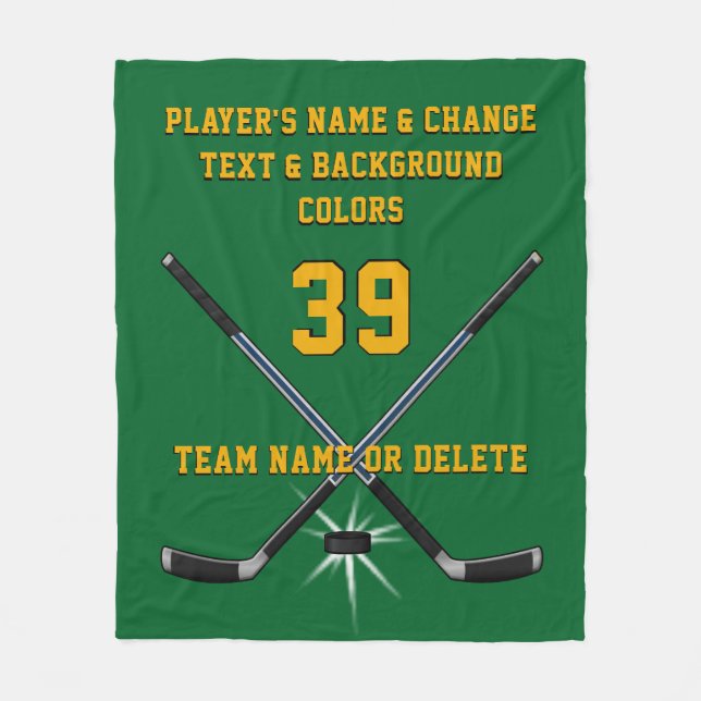 Green and Gold Personalized Hockey Blanket (Front)