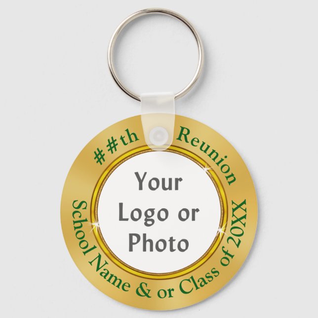 Green and Gold Photo Class Reunion Party Favors Keychain (Front)