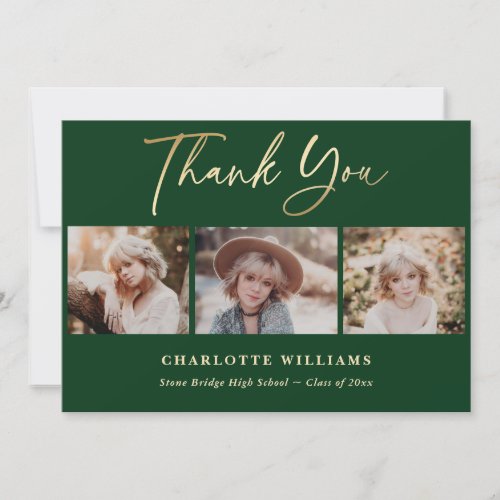 Green and Gold Photo Collage Graduation Thank You Card