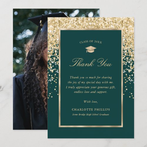 Green and Gold Photo Graduation Thank You Card
