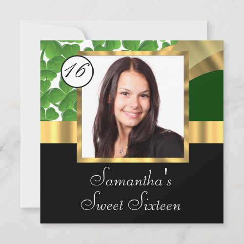 Green and gold photo sweet sixteen invitation