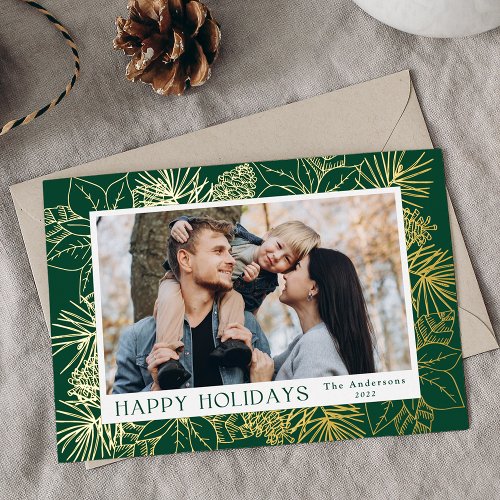 Green and Gold Poinsettias and Pinecones Foil Holiday Card