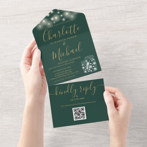 Green And Gold QR Code Mason Jars Lights Wedding All In One Invitation