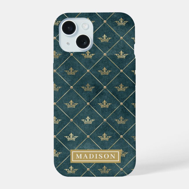 Green and Gold Queen Crown Pattern Custom Name Iphone Case (Back)