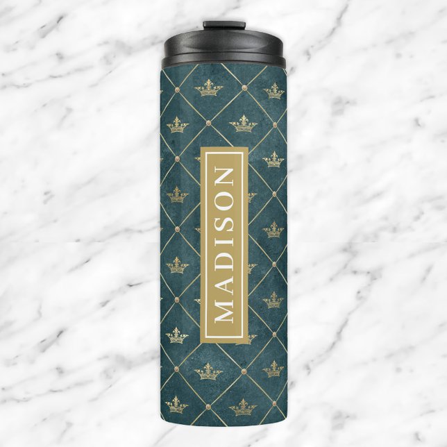 Green and Gold Queen Crown Pattern Custom Name Thermal Tumbler (Creator Uploaded)