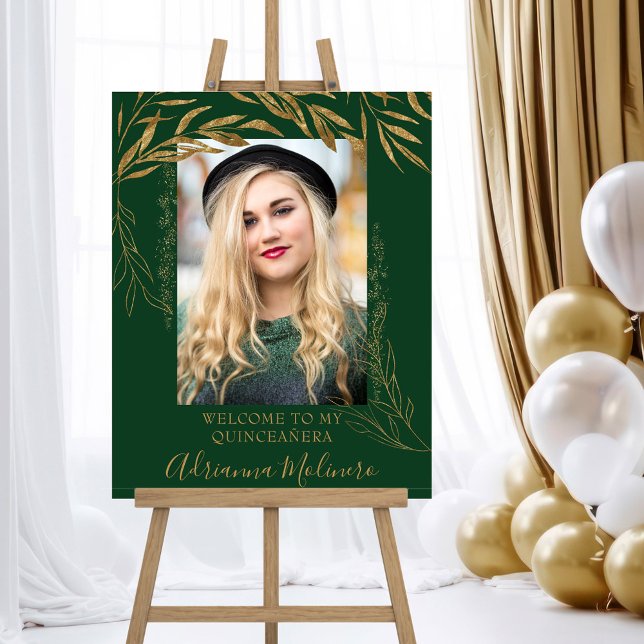 Green and Gold Quinceanera Photo Welcome Easel Foam Board (Elegant Quinceanera Birthday Party Welcome Sign in emerald green from my Gold Leaf Collection)