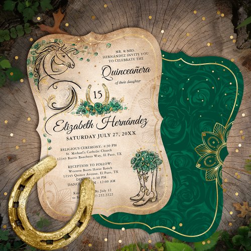 Green and Gold Quinceaera Rustic Horse Birthday Invitation