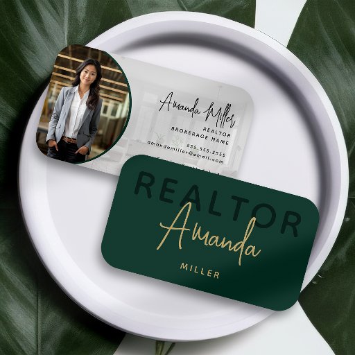 Customizable Green and Gold Realtor Broker Real Estate Agent Business Card