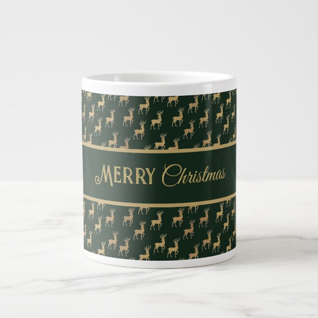 Green and Gold Reindeer Holiday Giant Coffee Mug (Front)