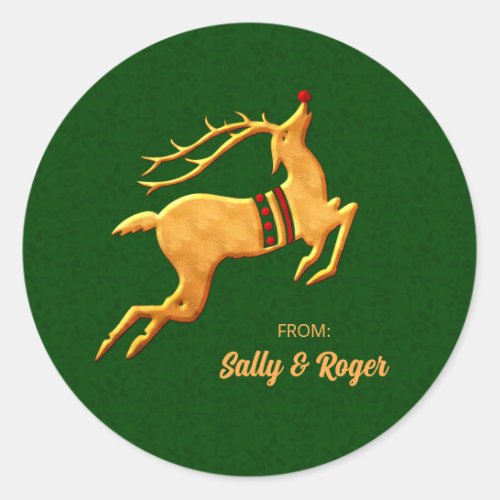 Green and Gold Reindeer on Damask Classic Round Sticker