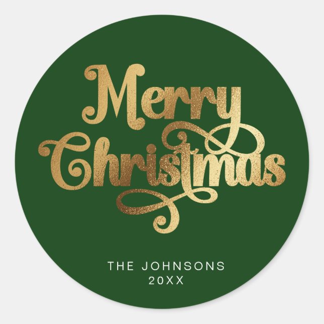 Green and Gold Retro Merry Christmas Script Custom Classic Round Sticker (Front)