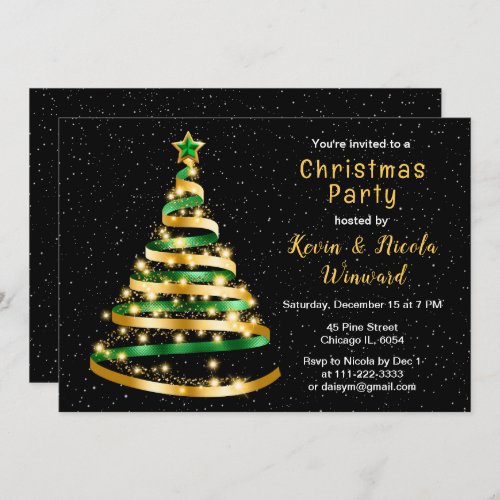 Green and Gold Ribbon Tree Christmas Party Invitation