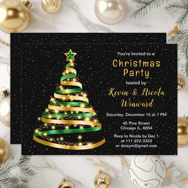 Green and Gold Ribbon Tree Christmas Party Invitation (Creator Uploaded)