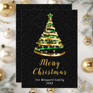 Green and Gold Ribbon Tree Merry Christmas Holiday Card