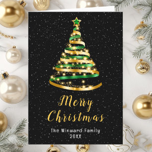 Green and Gold Ribbon Tree Merry Christmas Holiday Card