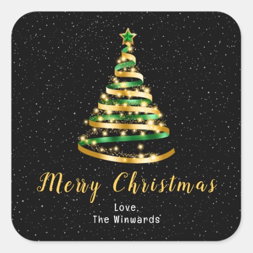 Green and Gold Ribbon Tree Merry Christmas Square Sticker
