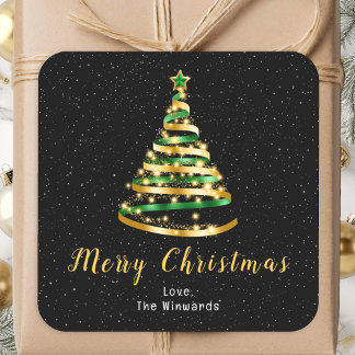 Green and Gold Ribbon Tree Merry Christmas Square Sticker