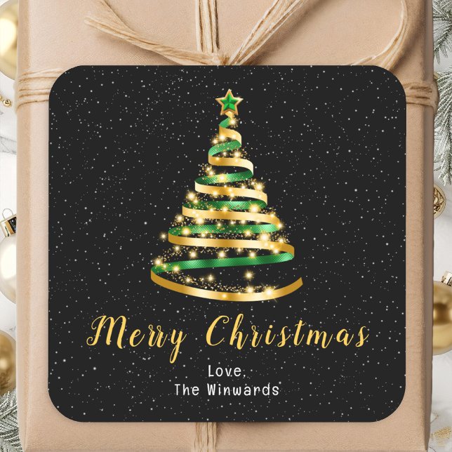 Green and Gold Ribbon Tree Merry Christmas Square Sticker (Creator Uploaded)
