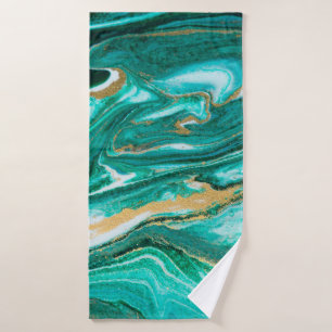 Green and gold ripple of agate background. Golden Bath Towel