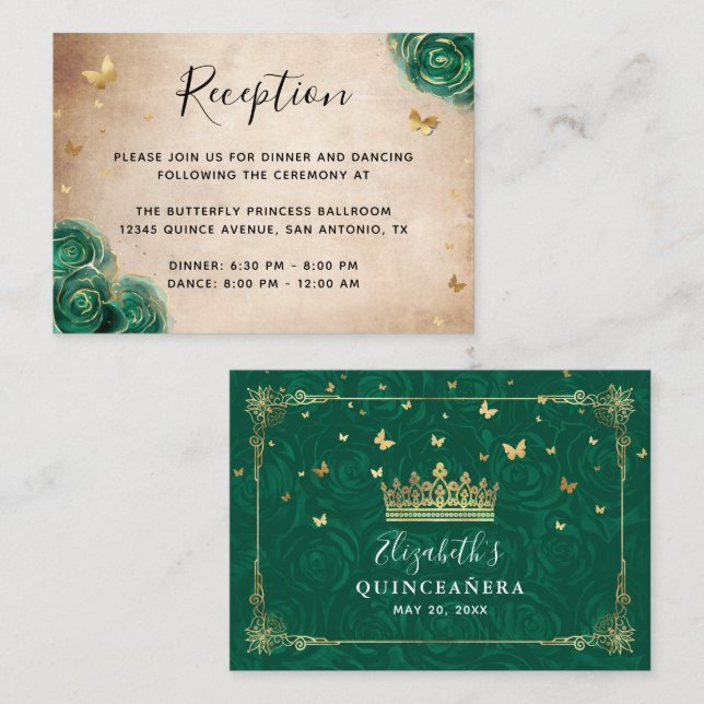 Green and Gold Rose Elegant Details Enclosure Card (Front/Back)