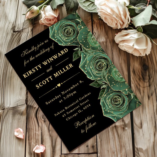 Green and Gold Roses Floral Wedding Invitation (Creator Uploaded)