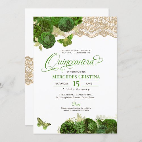 Green and Gold Roses  Lace Butterfly Quinceaera  Invitation