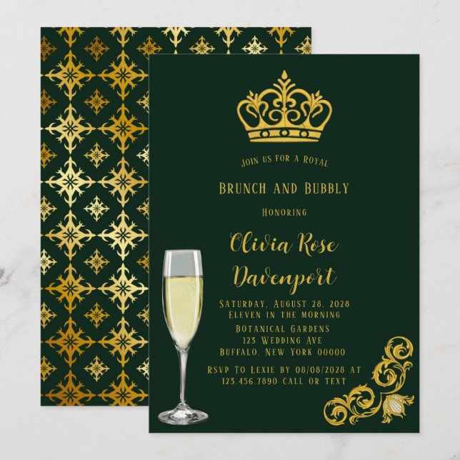 Green and Gold Royal Crown Brunch and Bubbly Invitation (Front/Back)