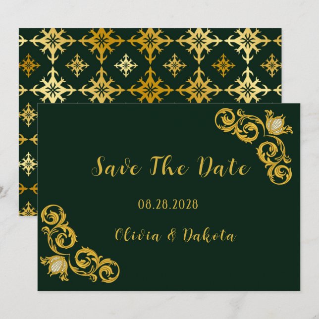 Green and Gold Royal Wedding Save The Date Cards (Front/Back)
