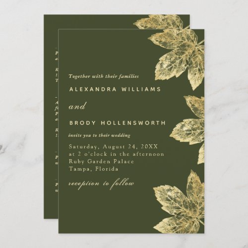 Green And Gold Rustic Foil Leaf All In One Wedding Invitation