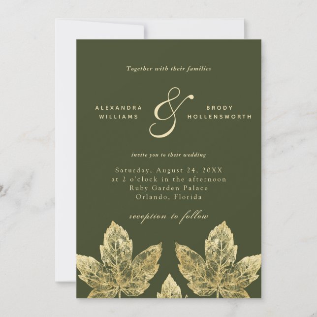 Green and Gold Rustic Gold Foil Leaves Wedding Invitation (Front)