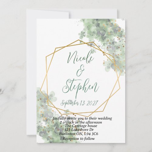 Green and gold rustic wedding invitation