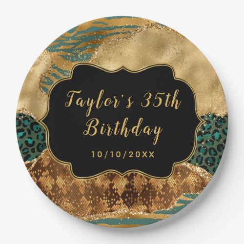 Green and Gold Safari Agate Birthday Paper Plates