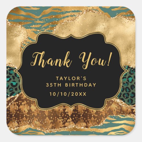 Green and Gold Safari Agate Birthday Thank You Square Sticker