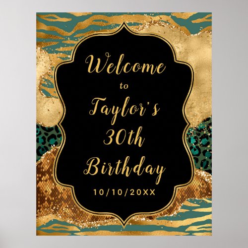 Green and Gold Safari Agate Birthday Welcome Poster
