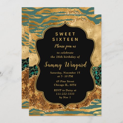 Green and Gold Safari Agate Sweet Sixteen Invitation