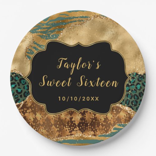 Green and Gold Safari Agate Sweet Sixteen Paper Plates