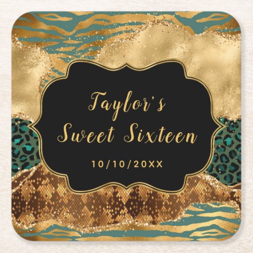 Green and Gold Safari Agate Sweet Sixteen Square Paper Coaster