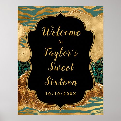 Green and Gold Safari Agate Sweet Sixteen Welcome Poster
