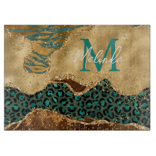 Green and Gold Safari Animal Print Agate Cutting Board