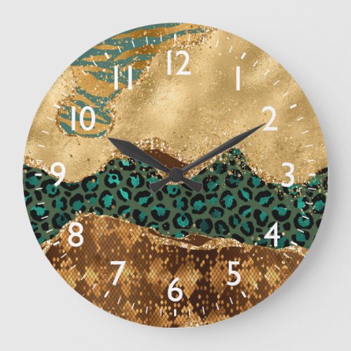 Green and Gold Safari Animal Print Agate Large Clock