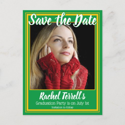 Green and Gold Save the Date Graduation Announcement Postcard