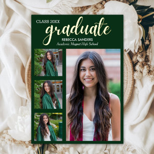 Green and Gold Script 4 Graduate Photos for Her Foil Invitation